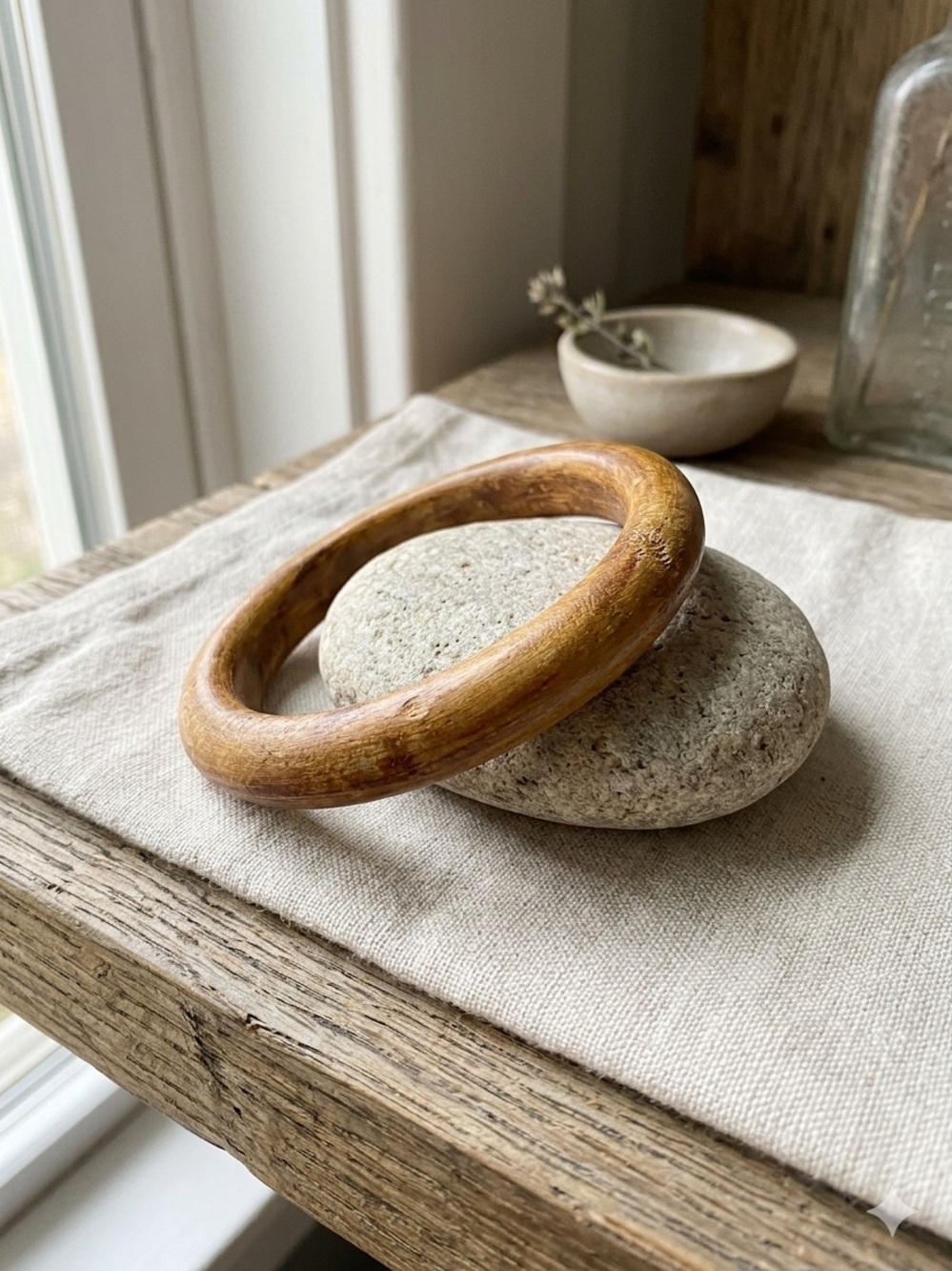 Vintage Natural Wood Bangle Bracelet Polished Warm Honey Brown Boho Minimalist